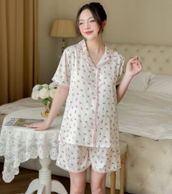 Pregnancy & Postpartum Cream Floral Silk Shorts Set B639 High Quality Breathable Minimalist Casual Wear Not Discolored 5