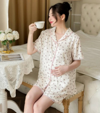 Pregnancy & Postpartum Cream Floral Silk Shorts Set B639 High Quality Breathable Minimalist Casual Wear Not Discolored 7