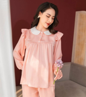 Pregnancy & Postpartum Set Made Of Silk Pants With Elastic Button-Down Shirt Ruffle Shoulders Lock Breastfeed B307 Casual Wear 3