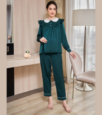 Pregnancy & Postpartum Set Made Of Silk Pants With Elastic Button-Down Shirt Ruffle Shoulders Lock Breastfeed B307 Casual Wear 5