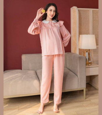 Pregnancy & Postpartum Set Made Of Silk Pants With Elastic Button-Down Shirt Ruffle Shoulders Lock Breastfeed B307 Casual Wear 6