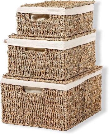 Rectangular Seagrass Basket Set with Lid, home organization accessory highly aesthetic, wholesale available.