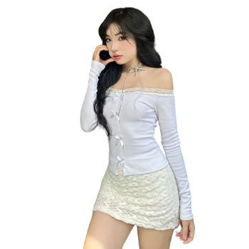 Rosa Off-Shoulder Lace-Trim Top Multiple Bows Y2K Sexy Women's Clothing Shirts Women's T-shirts High Quality Made In Vietnam