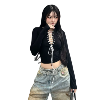 Rosa Stylish Deep V-Neck Lace-Up Crop Top Long Sleeve Sexy Women's Clothing Shirts Women's T-shirts High Quality Made In Vietnam