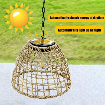 Seagrass Weaving Solar Garden Pendant Light, Solar lights made from natural materials, eco-friendly home decor, wholesale.