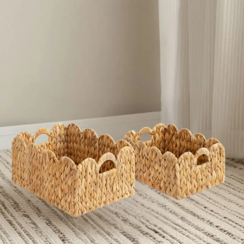 Set Of 2 Adorable Water Hyacinth Storage Basket Scalloped Edge Organizing Durable Sturdy Metal Frame High Quality  +84976578835