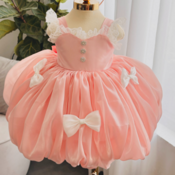 Short Dress with Bow in Silk Bubble Hem Satin Chiffon Fabric Girl's Clothing Girls Dresses Princess High Quality Factory Price OEM ODM Service Made In Vietnam  4