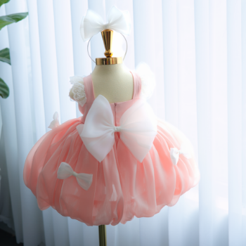 Short Dress with Bow in Silk Bubble Hem Satin Chiffon Fabric Girl's Clothing Girls Dresses Princess High Quality Factory Price OEM ODM Service Made In Vietnam  7