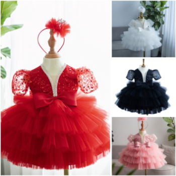 Short Dress Sequin Dress with 4-Tiered Flared Skirt and Short Sleeves Girl's Clothing Girls Dresses Princess High Quality Factory Price OEM ODM Service Made In Vietnam 1