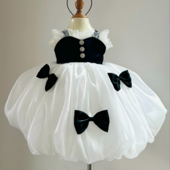 Short Dress with Bow in Silk Bubble Hem Satin Chiffon Fabric Girl's Clothing Girls Dresses Princess High Quality Factory Price OEM ODM Service Made In Vietnam 