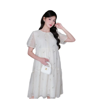 Summer Maternity Dress V1178 Comfortable and Soft Embroidered Floral Silk Chiffon Straight Design Not Discolored for Comfort