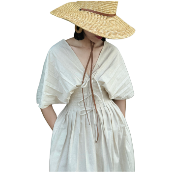 Vietnam Manufacturer Dress For Women New Styles Good Price 100% Linen Pleated Maxi Linen Dress V-Neck Dress For Ladies From 8