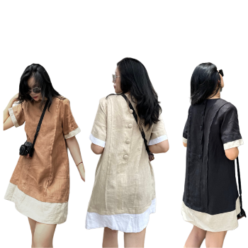 Vietnam Manufacturer Oversize Mini Dress 100% Linen Custom Plain Solid Color Lady Formal Casual Dress For Women Easy To Wear 1