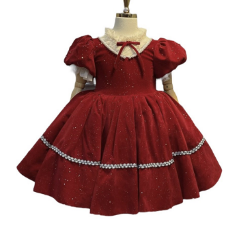 Wholesale and retail Christmas velvet dress with bow baby girl princess party dress children's gown Dress set 1