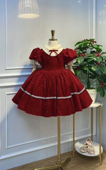 Wholesale and retail Christmas velvet dress with bow baby girl princess party dress children's gown Dress set 4