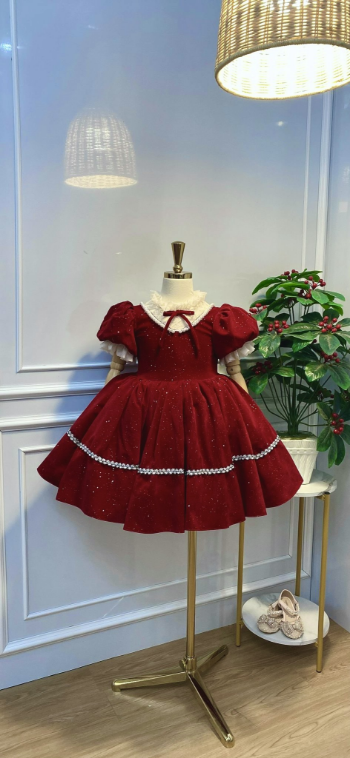 Wholesale and retail Christmas velvet dress with bow baby girl princess party dress children's gown Dress set 3