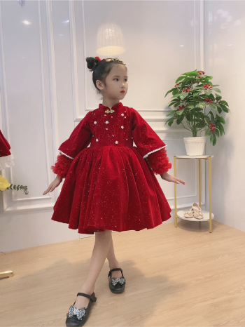 Wholesale and retail Christmas velvet dress with bow baby girl princess party dress children's gown Dress set 6