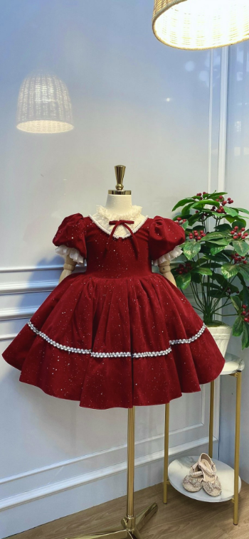 Wholesale and retail Christmas velvet dress with bow baby girl princess party dress children's gown Dress set 2