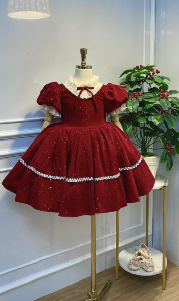 Wholesale and retail Christmas velvet dress with bow baby girl princess party dress children's gown Dress set 5