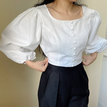 Wholesale Good Price Blouses For Women Casual Puffed Long Sleeve Blouse Linen Women's Buttoned Crop Top Washable Customization 3