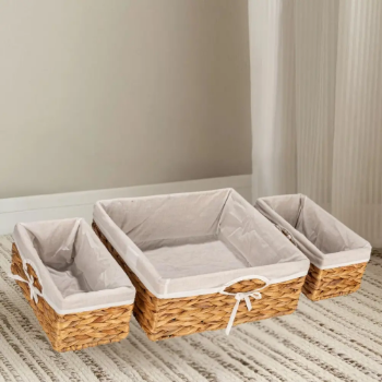 Wholesale Household Essentials Wicker Basket Set, 3 Pieces, 1 Large and 2 Small Water Hyacinth Baskets for Storage Organization