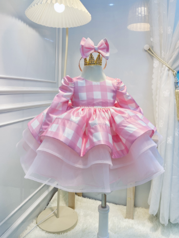 WHOLESALE LONG SLEEVE DRESS FOR GIRLS pink checkered picnic casual styles for many occasions ODM/OEM supported 5