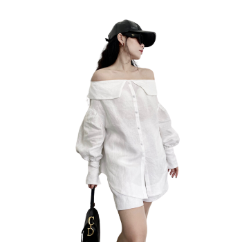 Wholesale Woman Shirts Off Shoulder Tops Shirt Women 100% Linen Elegant Fashion Bell Sleeve Off The Shoulder Long Sleeve Blouse 7