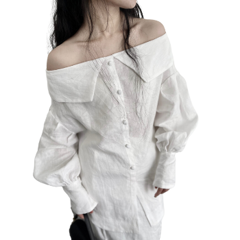 Wholesale Woman Shirts Off Shoulder Tops Shirt Women 100% Linen Elegant Fashion Bell Sleeve Off The Shoulder Long Sleeve Blouse 5