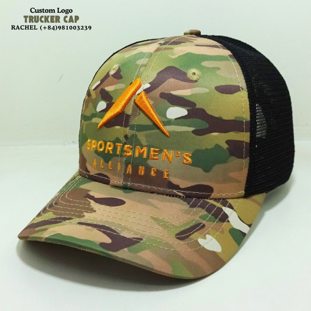 3D Embroidered Logo Camouflage Trucker Hats 6 Panels Gorras Caps Breathable Black Mesh Adjustable Snapback Closure Curved Brim 2