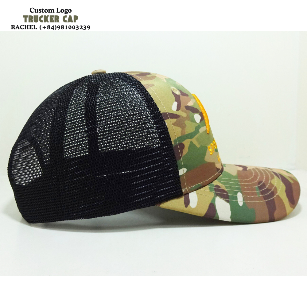 3D Embroidered Logo Camouflage Trucker Hats 6 Panels Gorras Caps Breathable Black Mesh Adjustable Snapback Closure Curved Brim 4