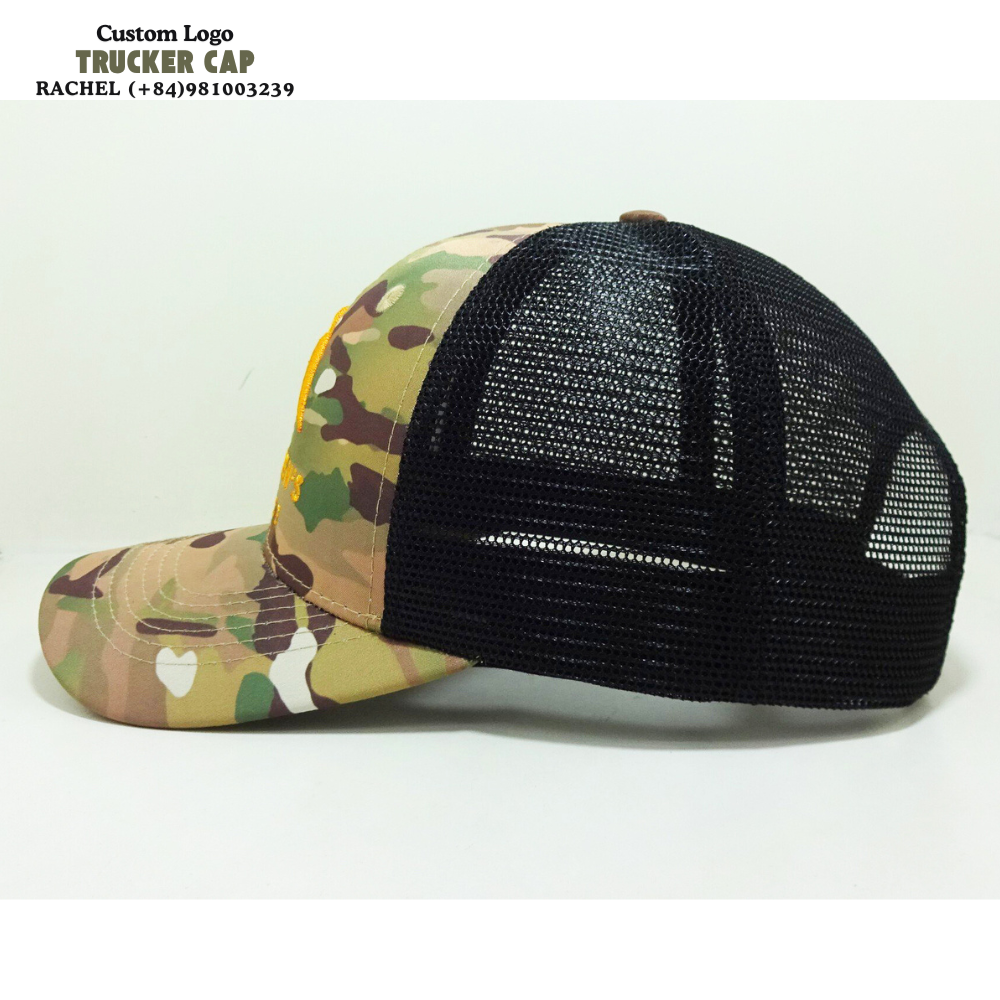 3D Embroidered Logo Camouflage Trucker Hats 6 Panels Gorras Caps Breathable Black Mesh Adjustable Snapback Closure Curved Brim 3
