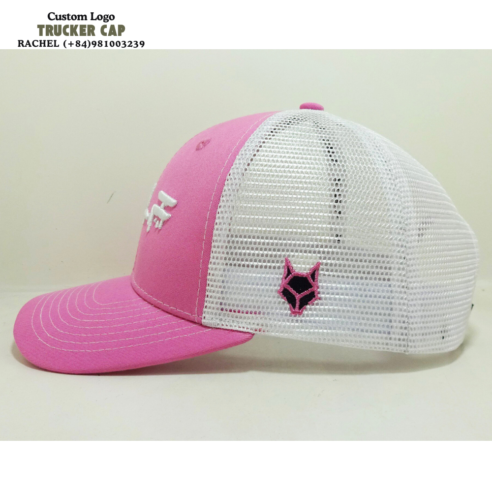 3D Embroidered Logo On Front Trucker Hats 6 Panel Pink/White Gorras Contrast Stitching Line Structured Caps Snapback Closure OEM 3