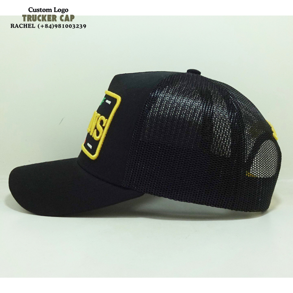 3D Embroidered Logo Trucker Hats 6 Panel Gorras Structured Caps Black Printed Inner Tapes Back Curved Part Snapback Closure OEM 3