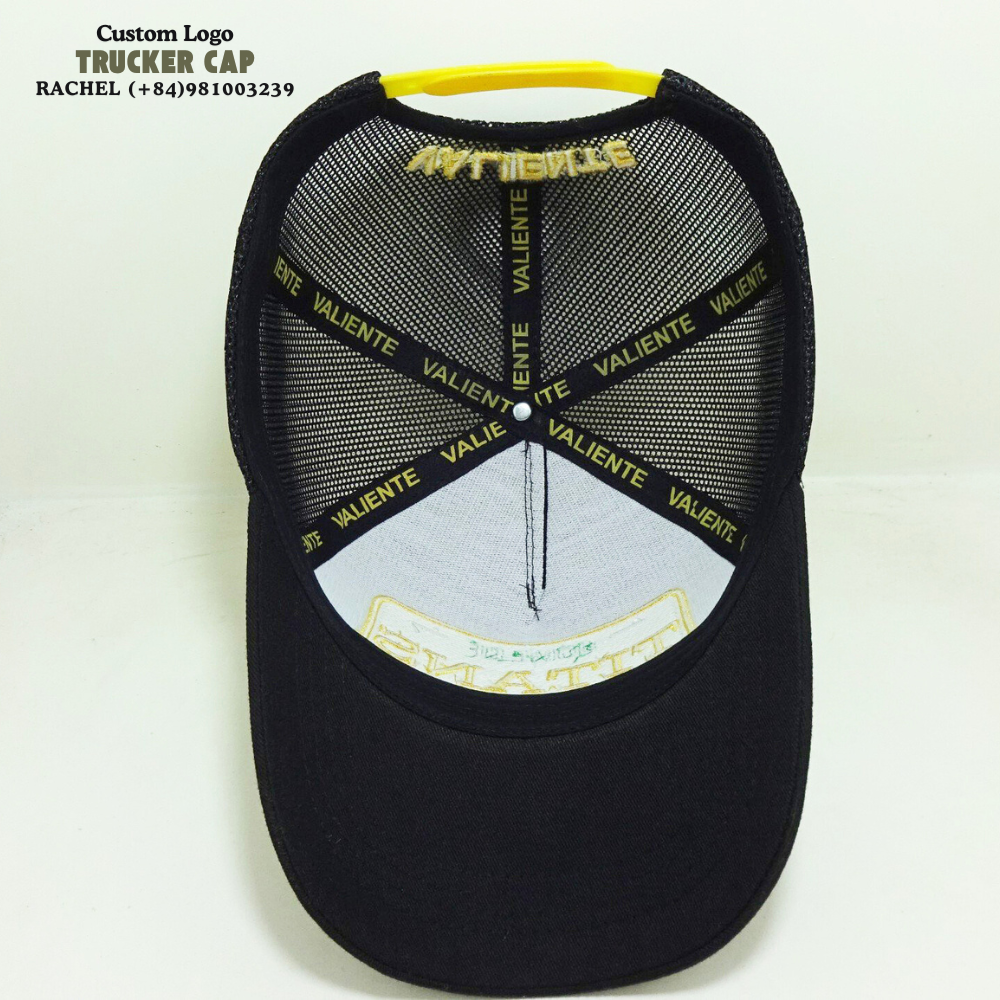 3D Embroidered Logo Trucker Hats 6 Panel Gorras Structured Caps Black Printed Inner Tapes Back Curved Part Snapback Closure OEM 5