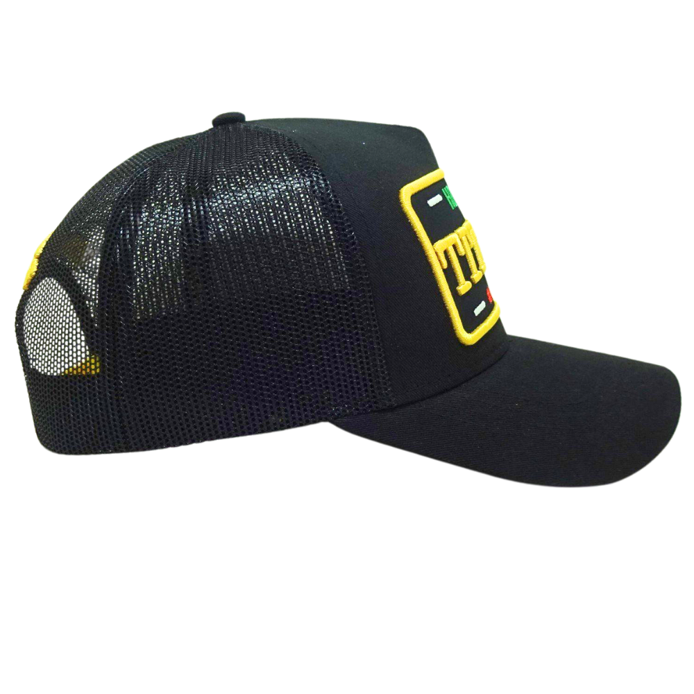 3D Embroidered Truker Hat 6 Panel Black Mesh Custom Logo on Back Curved Inner Printed Seam Tapes Contrast Single Breasted Buckle 5