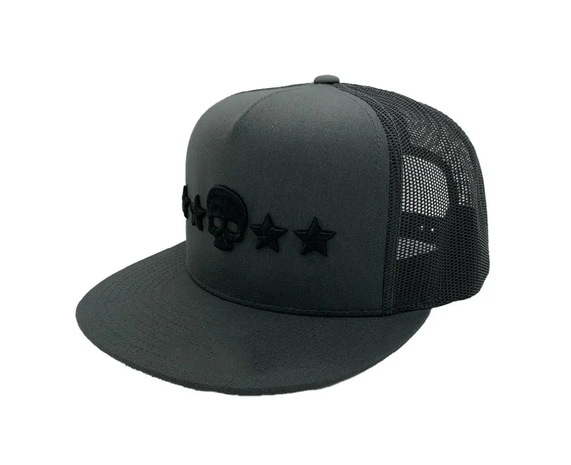 3D Embroidery 5-Panel Flat Brim High Quality Grey and Black Color High Profile Cotton and Mesh Trucker Hat From Vietnam Supplier 3