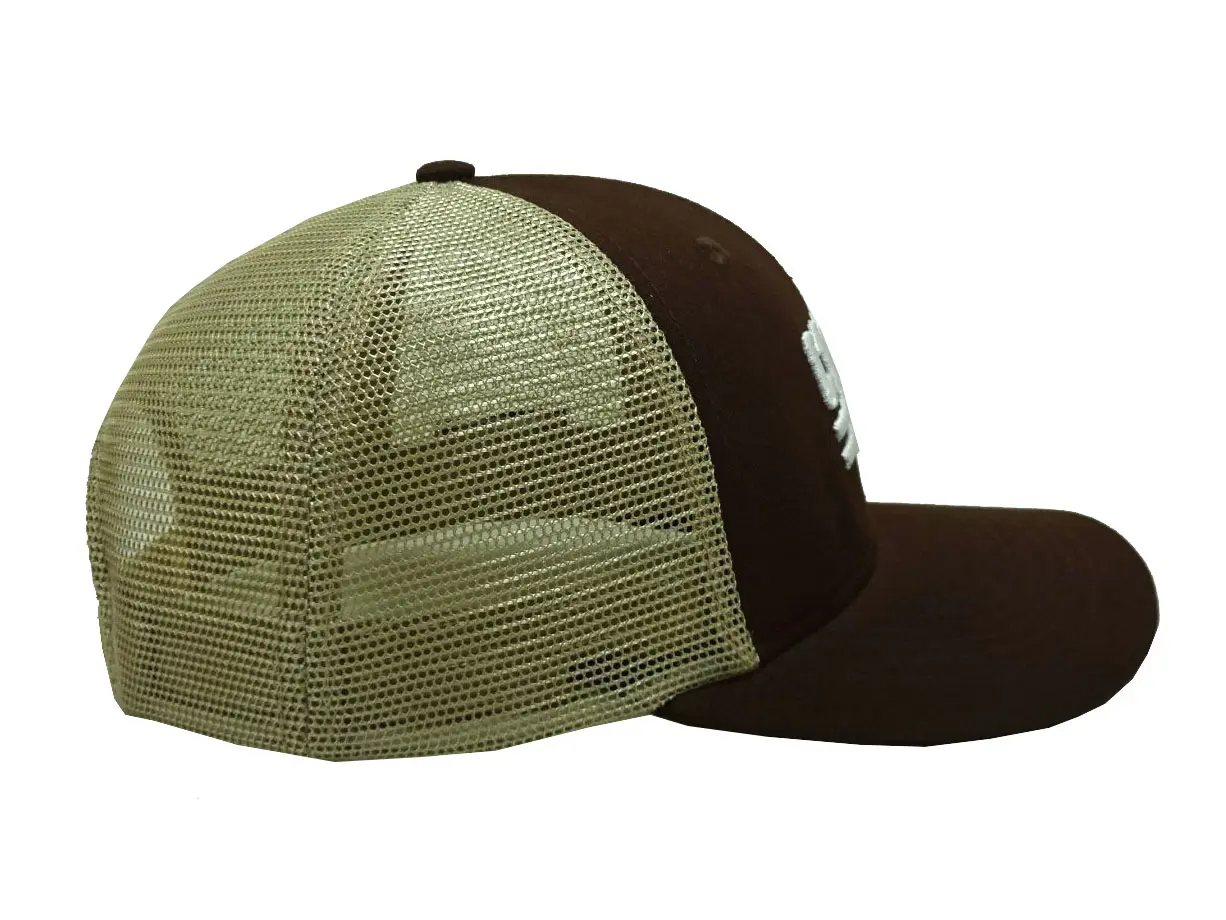 3D Embroidery 6-Panel Curved Brim High Quality Navy Blue/ Brown Color Medium Profile Cotton and Mesh Fabric Trucker Hat for Men 5