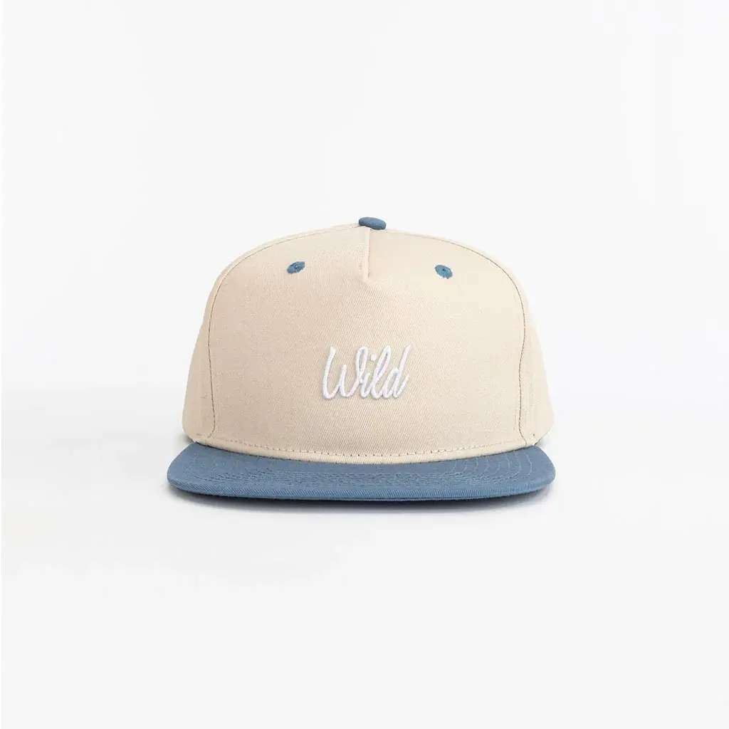 5-Panel 6 Eyelets Flat Brim High Quality Beige/Blue Color Medium Profile 65% Cotton and 35% Polyester Fabric Snapback Cap 1