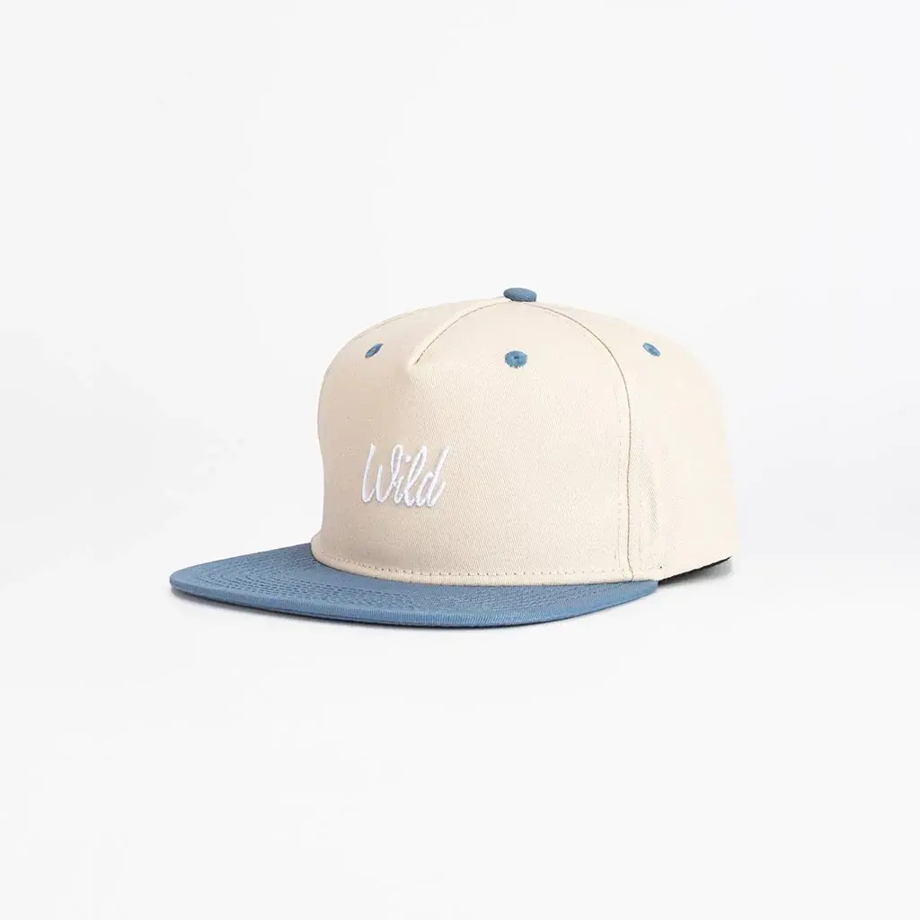 5-Panel 6 Eyelets Flat Brim High Quality Beige/Blue Color Medium Profile 65% Cotton and 35% Polyester Fabric Snapback Cap 2