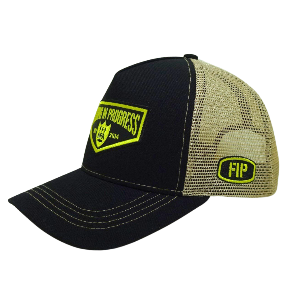 5 Panel Black Trucker Hat Yellow Mesh Contrast Thread on Brim and Logo on Front and Left Side Plastic Single Breasted Buckle OEM 3