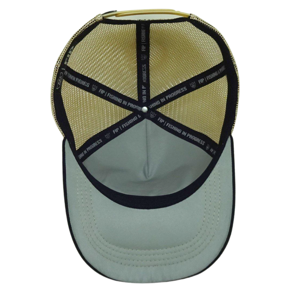 5 Panel Black Trucker Hat Yellow Mesh Contrast Thread on Brim and Logo on Front and Left Side Plastic Single Breasted Buckle OEM 6