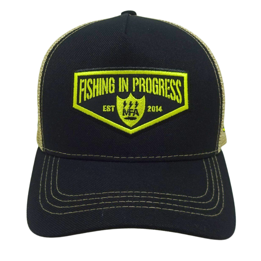 5 Panel Black Trucker Hat Yellow Mesh Contrast Thread on Brim and Logo on Front and Left Side Plastic Single Breasted Buckle OEM 2