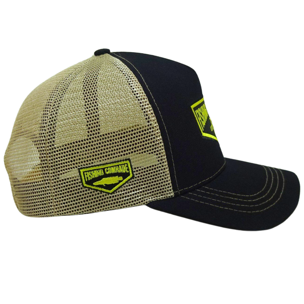 5 Panel Black Trucker Hat Yellow Mesh Contrast Thread on Brim and Logo on Front and Left Side Plastic Single Breasted Buckle OEM 5