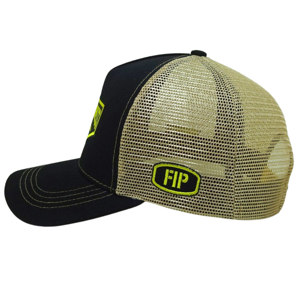 5 Panel Black Trucker Hat Yellow Mesh Contrast Thread on Brim and Logo on Front and Left Side Plastic Single Breasted Buckle OEM 4