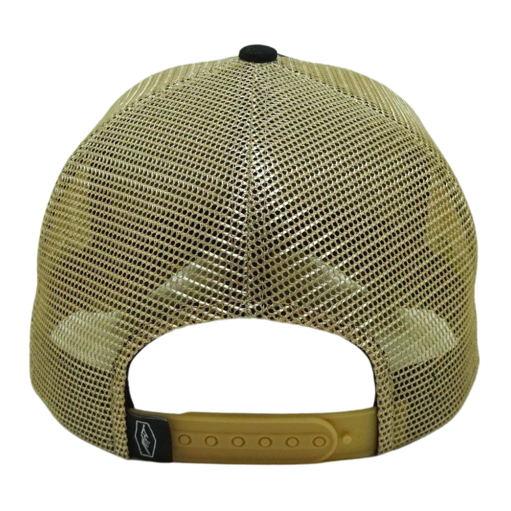 5 Panel Black Trucker Hat Yellow Mesh Contrast Thread on Brim and Logo on Front and Left Side Plastic Single Breasted Buckle OEM 7