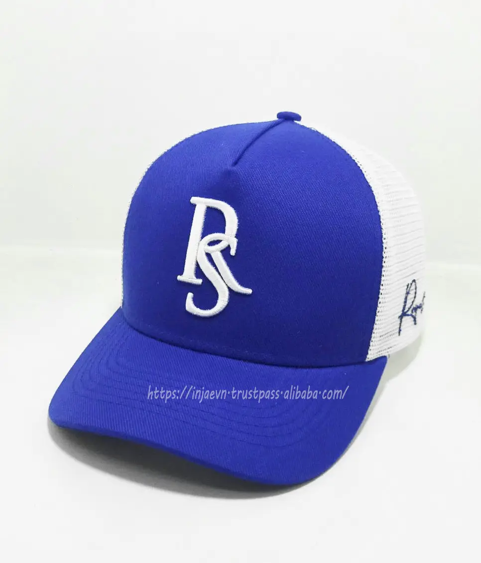 5-Panel Curved Brim High Quality Navy Blue Color Medium Profile Cotton and Mesh Fabric Trucker Hat in Vietnam Factory 2