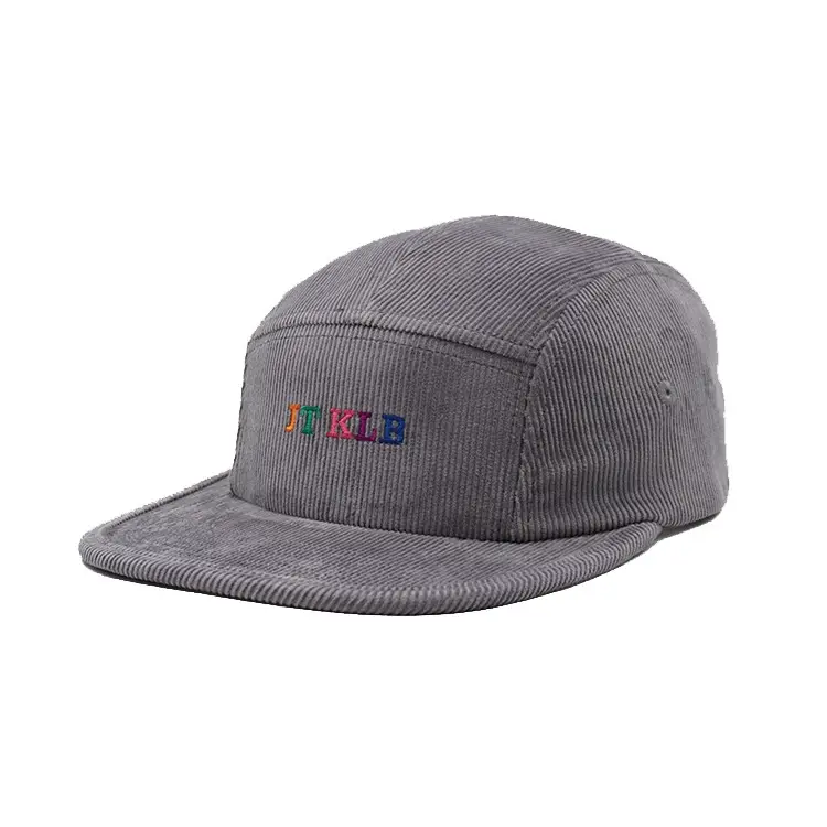 5 Panels Flat Brim Unisex Adjustable One Size High Quality Grey Color Medium Profile Corduroy Fabric Snapback Cap 1