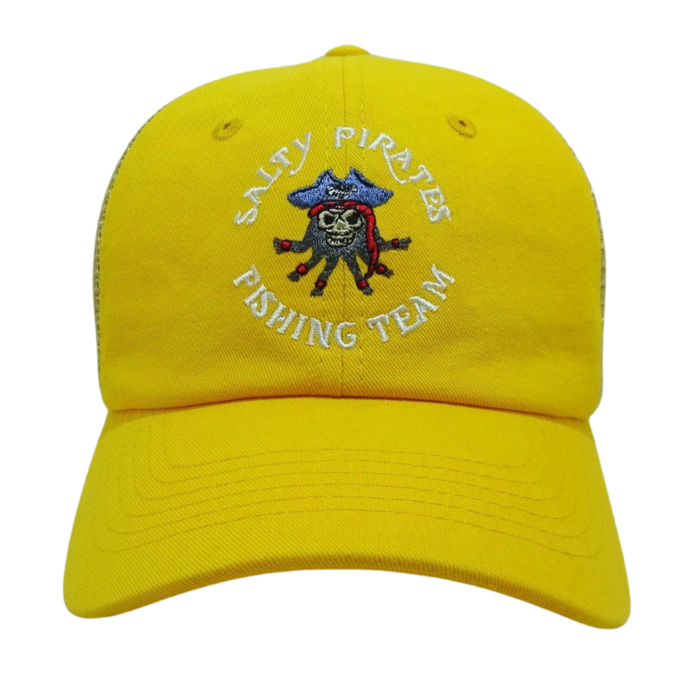 6 Panel Baseball Trucker Cap Custom Flat Embroidery Cartoon Character Single Breasted Curved Brim Brandname Tag on Sweatband OEM