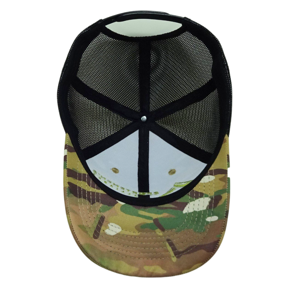 6 Panel Camouflage Trucker Hat Green 3D Embroidery Black Mesh Structured Cap With Contrast Stitching Line for Your Own Brand OEM 6