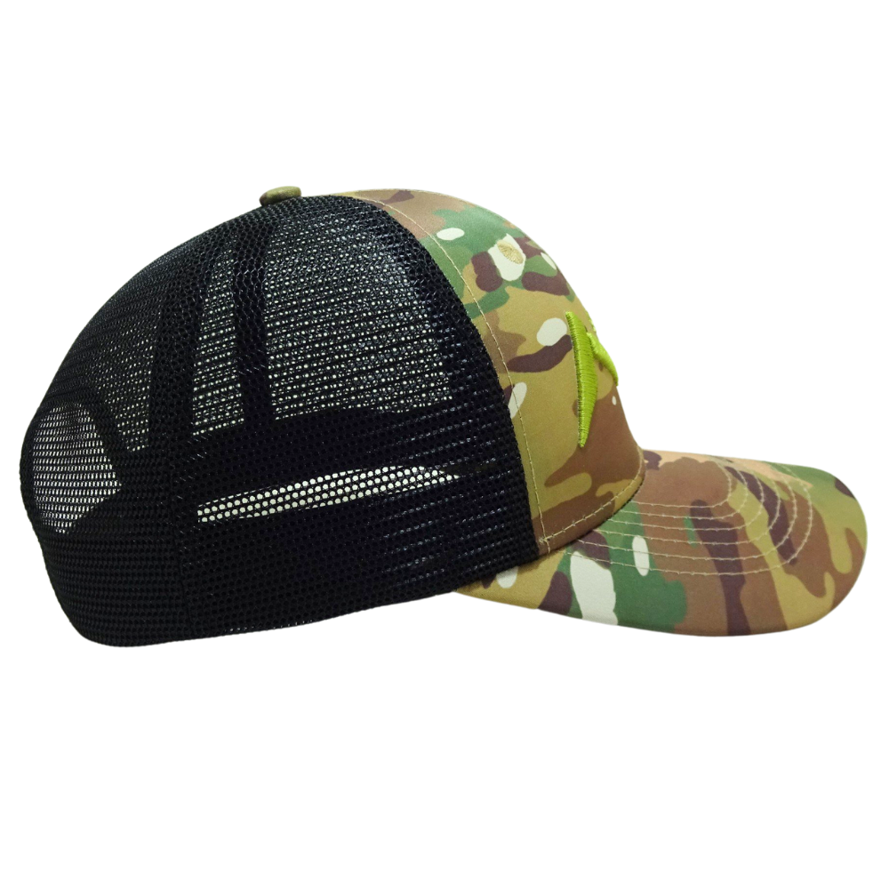 6 Panel Camouflage Trucker Hat Green 3D Embroidery Black Mesh Structured Cap With Contrast Stitching Line for Your Own Brand OEM 4
